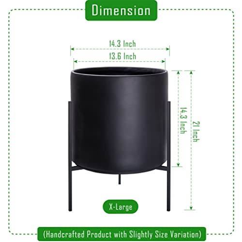 D'vine Dev Cylinder Planter Pot with Metal Stand, Black, 14 in, 96-T-B-4 | Durable Fiberclay Construction, Sleek Modern Design, Heavy-Duty Iron Stand, Drainage Hole & Saucer, Elegant Indoor Display - color: Black, size: X-Large 14 Inch