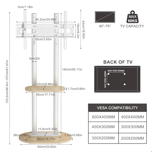 unho Rolling TV Mount Stand for Living Room Bedroom 40-75 inch TVs | movable tv stand Thickened metal rod Strong load-bearing capacity wood TV stand - size: WT 2-pole 40-75 inches