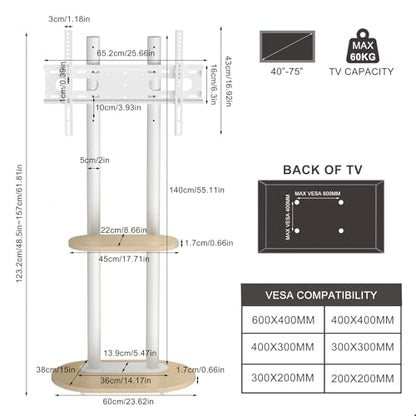 unho Rolling TV Mount Stand for Living Room Bedroom 40-75 inch TVs | movable tv stand Thickened metal rod Strong load-bearing capacity wood TV stand - size: WT 2-pole 40-75 inches
