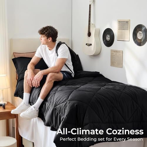 5-Piece Twin Comforter Set, Black | Reversible, All-Season, Soft, 5 Piece Set, All-Season Reversible Bed in a Bag, Flat Sheet, Fitted Sheet, Pillowcases - color: Black, size: Twin