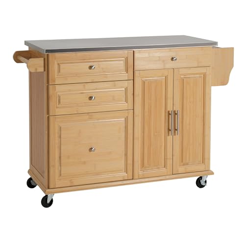 Christopher Knight Home Tredy Bamboo Rolling Cart with Drawers, Kitchen Bar Cart on Wheels with Stainless Steel Top, Rolling Kitchen Cart Storage Cabinet, Serving Cart, 50.8'' x 18.5'', Natural - size: Medium