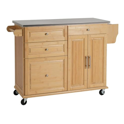 Christopher Knight Home Tredy Bamboo Rolling Cart with Drawers, Kitchen Bar Cart on Wheels with Stainless Steel Top, Rolling Kitchen Cart Storage Cabinet, Serving Cart, 50.8'' x 18.5'', Natural - size: Medium