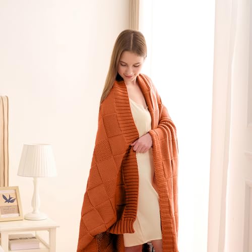 CozeCube Rust Orange Knitted Checkered Throw Blanket 50"X60" | Check Knit Throw for Couch, Decorative Christmas Soft Cozy Warm Blanket for Bed Sofa Living Room - color: Rust Orange, size: 50"X60"