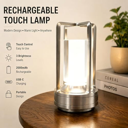 Rechargeable Crystal Table Lamp, 3-Color Touch LED, Silver | Silver metal crystal lantern, 3-color touch dimming, USB-C rechargeable, compact 7.1 in accent light for patio table - style: silvery-1