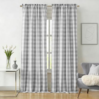 Grey White Buffalo Plaid Curtains 72 Inches Long | Gingham Geo Pattern Semi Sheer Drapes,Farmhouse Window Treatment for Bedroom Living Room,Rod Pocket,52"Wx72“L(Pack of 2) - color: Gray/White, size: 52"W x 72"L (Pack of 2)