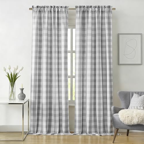 Grey White Buffalo Plaid Semi Sheer Curtains 84 Inches Long | Farmhouse Gingham Rod Pocket Drapes,Rustic Window Treatment for Bedroom Living Room,52"Wx84”L(Pack of 2) - color: Gray/White, size: 52"W x 84"L (Pack of 2)
