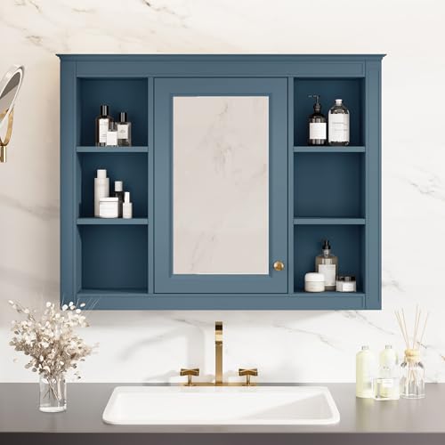 Wall Mounted Medicine Cabinet, Bathroom Storage Cabinet with Mirror Door and 6 Adjustable Open Shelf (7.3" D x 35" W x 27.5" H) (Indigo Blue) - color: Indigo Blue