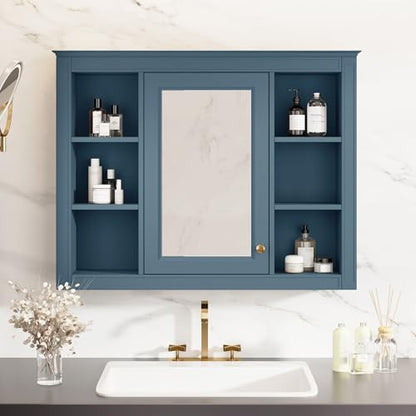 Wall Mounted Medicine Cabinet, Bathroom Storage Cabinet with Mirror Door and 6 Adjustable Open Shelf (7.3" D x 35" W x 27.5" H) (Indigo Blue) - color: Indigo Blue