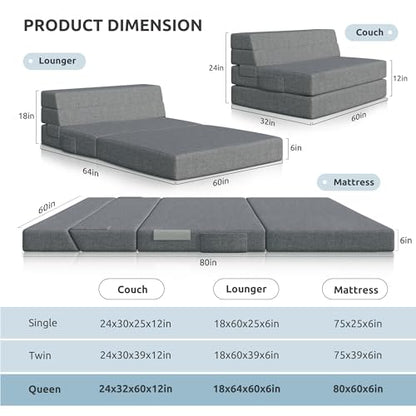 Youzi Folding Sofa Bed Queen, 6 Inches Foam Floor Sofa and Folding Mattress with Washable Cover, Fold Out Couch for Guests, Camping and Travel, Dark Gray, 80" x 60" x 6" - size: Queen
