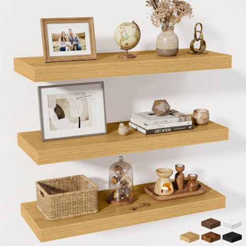 Fun Memories Floating Shelves for Wall, 30 Inch Long Floating Shelves Set of 3, 30 x 10 Wooden Shelves for Wall, Large Storage Shelves, Hanging Shelves for Bathroom Kitchen Bedroom, Oak - color: Natural Oak, size: 30W x 10D x 1.5H