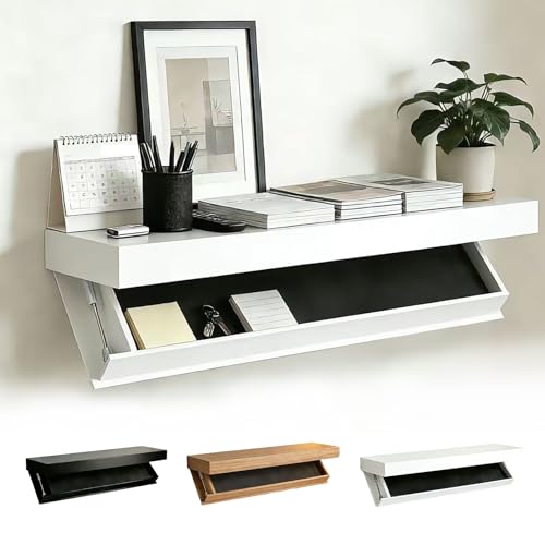 Floating Hidden Shelves for Wall with Concealed Storage Drawer, Hidden Shelf Night Stand with Secret Compartment, for Home Office Living Room, White - color: White