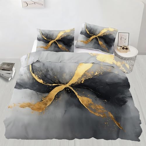 Abstract Bedding Sets Full, Black Gold Ink Comforter Cover, Fluid Painting Duvet Cover & Bedroom Decor, Zipper Closure, Reversible Print, Soft Microfiber Bedding Set & 2 Pillow Cases - color: Black Gold Ink, size: Full (80 x 90 in)
