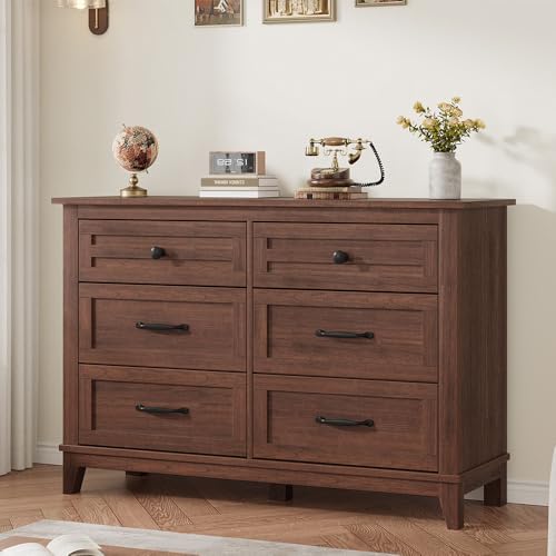 GarveeHome 6 Dresser for Bedroom, 47 in Wide Drawer Dresser with Storage Freestanding, Wooden Closet Storage Chest for Living Room, Bedroom, Entryway, Walunt - color: Walunt, size: 15.8"D x 47.2"W x 32.1"H (6 Drawers)