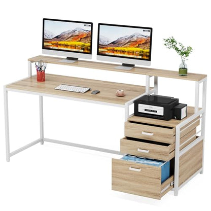 Tribesigns 63 Inch Computer Desk with File Drawer Cabinet, Home Office Desk | Ergonomic Office Desk with Monitor Stand, Industrial Computer Table with Printer Space, PC Table Workstation Desk - color: Walnut