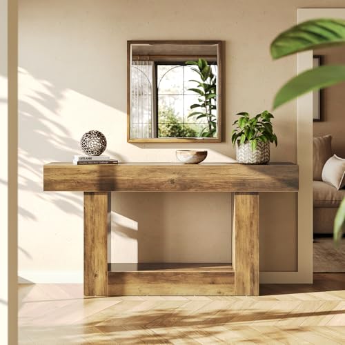 LITTLE TREE 63 Inches Long Console Table, 2-Tier Farmhouse Sofa Table Behind Couch, Large Narrow Entryway Table for Living Room, Wooden Hallway Foyer Table with Heavy Duty Base, Rustic Brown - color: Rustic Brown