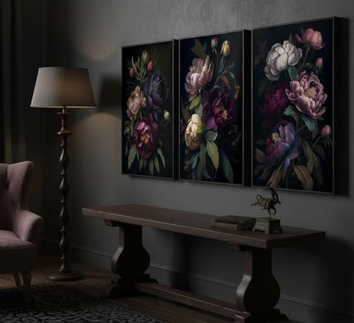 DYLGYWI 3 Pcs Moody Floral Canvas Wall Art Unframed | Vintage Dark Peony Flowers Botanical Still Life Picture Wall Decor Poster Print Artwork for Living Room Bedroom Women Room - color: Black-Poster, size: 16L" x 12W"
