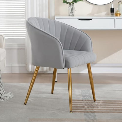 Velvet Home Office Desk Vanity Chair, No Wheels, Gold Legs, Grey | Modern Accent Chair with Stylish Stripe Design, Spacious‌ Soft Seat for Girls & Women Bedroom Makeup or Nail Table - color: Grey Velvet, No Wheels