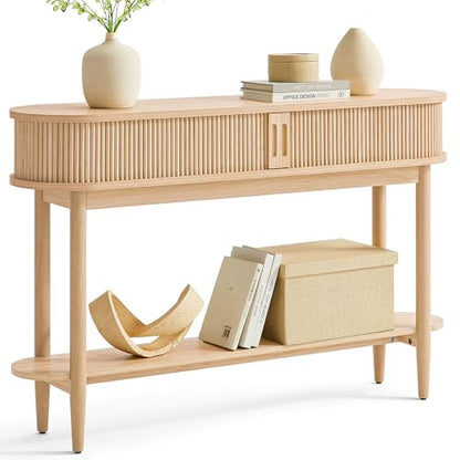 LINSY Fluted Console Table with Storage and Shelves, Light Wood | Entryway Table, Wood Entrance, Behind Couch Sofa Table, Foyer Tables for Hallways, Living Room Boho Furniture, Narrow Long - color: Light Wood