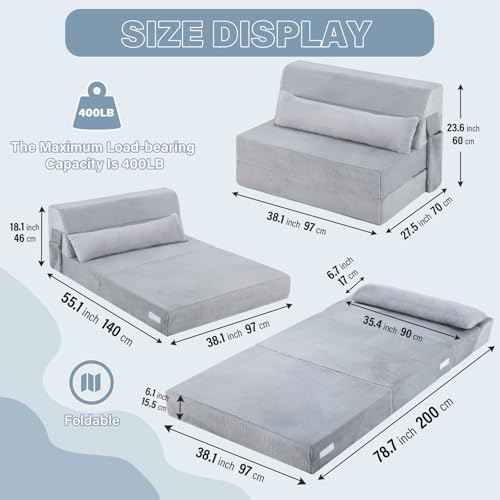 Convertible Folding Sofa Bed Mattress with Pillow & Side Pocket, Plush Fabric Floor Mattress Couch Bed, Washable Cover, Twin Size, White Gray - color: Plush White Gray, size: Twin Size