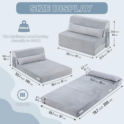 Convertible Folding Sofa Bed Mattress with Pillow & Side Pocket, Plush Fabric Floor Mattress Couch Bed, Washable Cover, Twin Size, White Gray - color: Plush White Gray, size: Twin Size