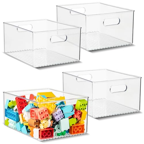 Plastic Food Storage 4 Pack Clear Container Bin with Handles for Organizing Kitchen, Pantry, Refrigerator, Freezer, Pantry, Cabinet, Closet, Bathroom 10”x8”x5” - size: 10x8x5