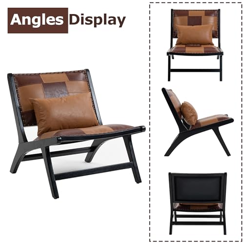 Accent Chair, Modern Comfy Genuine Leather Armless Accent Chairs | Mid-Century Anthropologie , Lounge Arm Chair with Solid Wood, Floral Pattern Sofa Chair for Living Room/Balcony/Bedroom - color: Leather-brown-1818