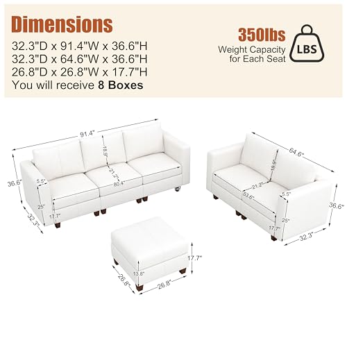 MINCETA Modular Sectional Sofa, Modern Comfy Sofa with Upholstered and Storage Ottoman for Living Room,Bedroom(White, 6 Seat Sofa Set) - color: White, size: 118.2"W*59.1"D