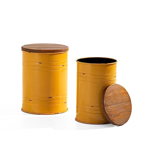 Glitzhome Rustic End Table Set of 2, Farmhouse Galvanized Metal Barrel Ottoman Storage Stool with Round Wood Lid for Living Room Furniture, Yellow - color: Yellow
