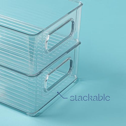 Plastic Food Storage 4 Pack Clear Container Bin with Handles for Organizing Kitchen, Pantry, Refrigerator, Freezer, Pantry, Cabinet, Closet, Bathroom. Stackable 10”x6”x3” - size: 10x6x3