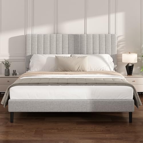 King Linen Bed Frame with Vertical Channel Tufted Headboard Light Grey | Upholstered Platform Bed, No Box Spring Needed, Noise-Free, Strong Wooden Slat, Durable Metal Frame, Easy Assembly - color: Light Grey, size: King