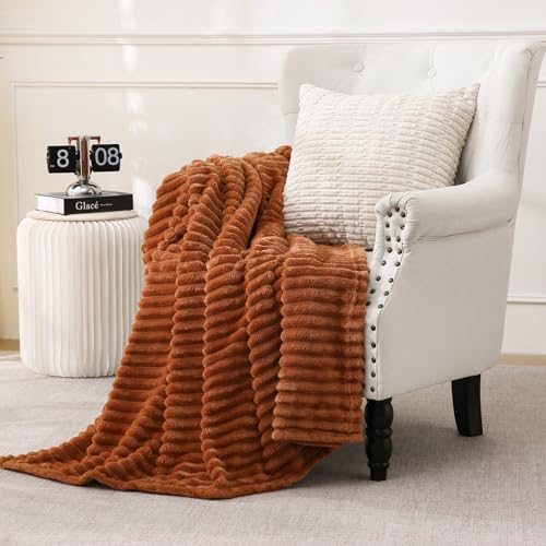 Burnt Orange Fleece Throw Blanket 60”×80” for Couch Sofa Livingroom | Linecooo Super Soft Cozy Plush Microfiber Flannel Bed Blanket Striped Design Lightweight Home Decor Gifts for Adult Mom Women - color: Burnt Orange, size: 60×80inch