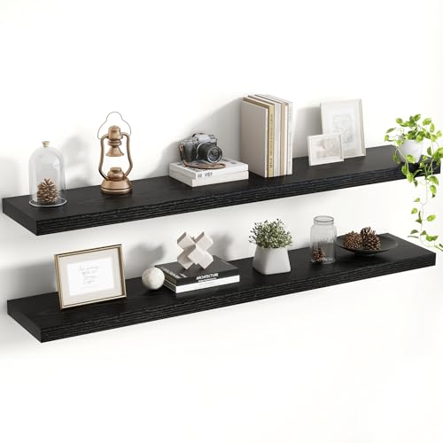 Acovy 48 Inch Floating Shelves, 8 Inch Deep Floating Shelves for Wall, Hanging Shelf with Invisible Brackets, Deep Shelves for Bathroom, Bedroom, Living Room, Black, Set of 2 - color: Black, size: 8"Wx48"L-2pcs