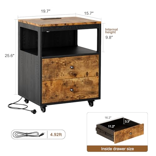 Bedroom Nightstand with Charging Station, Side Table with 2 Drawers,Sofa End Table Living Room with Wheels for Living Room Bedroom Office(Rustic Brown + Black) - color: [A2] Black & Brown