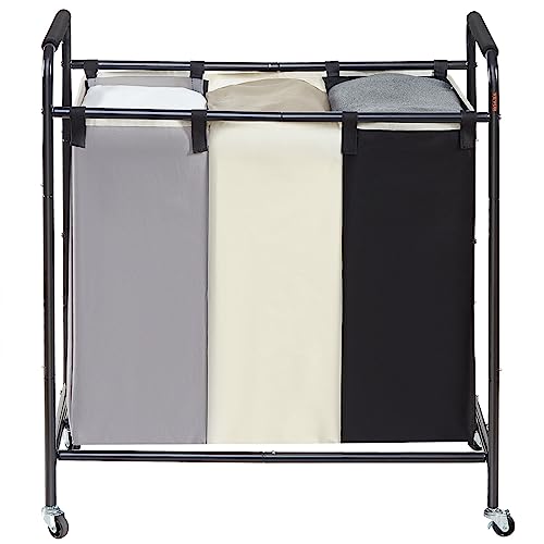 VEVOR 3-Section Laundry Basket, Heavy Duty Laundry Hamper Storage Organizer, Laundry Sorter Cart with Heavy Duty Lockable Wheels for Dirty Clothes in Laundry Room Bedroom