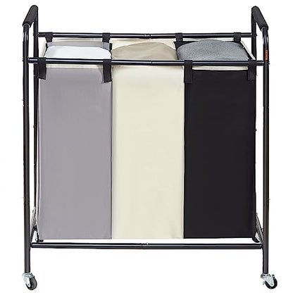 VEVOR 3-Section Laundry Basket, Heavy Duty Laundry Hamper Storage Organizer, Laundry Sorter Cart with Heavy Duty Lockable Wheels for Dirty Clothes in Laundry Room Bedroom