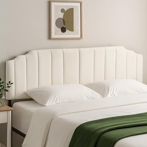 Upholstered Headboard Adjustable Height Queen/King Headboard Cream Velvet Tufted Modern Vertical Channel Design with Stepped Silhouette Top Edge(Beige Twin) - color: Beige, size: Twin