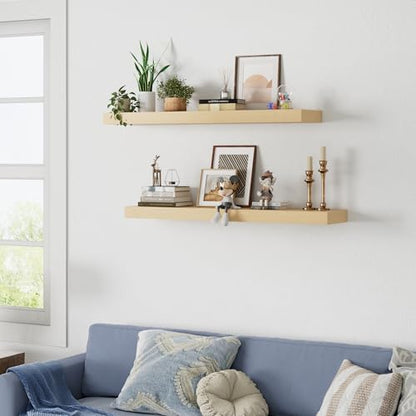 36 inch Long White Oak Floating Shelves for Wall, 8in Deep, Set 2 | 2" Thick Wood Wall Shelf, Heavy Duty Bracket, Bathroom Bedroom Kitchen Living Room, Non-tilting, 50LBS Capacity - color: White Oak, size: 35.5 x 7.9 x 2 (2pc)