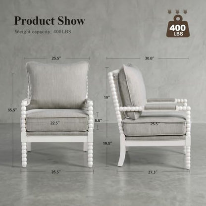 DUHOME Linen Fabric Spindle Accent Chair with Wood Frame,Spool Chairs with High Resilience Spring Cushion and Armrest Pads, Leisure Armchair for Living Room Bedroom Farmhouse Home Office Belcony - color: White+cream, size: 1 pc