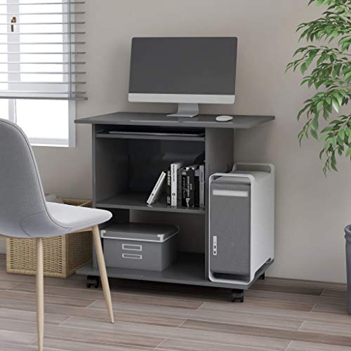 Mobile Computer Desk with Keyboard Tray, Grey Engineered Wood | Compact writing and study table fits small space home offices, featuring lockable caster wheels for easy movement. - color: Grey-a, size: Compact