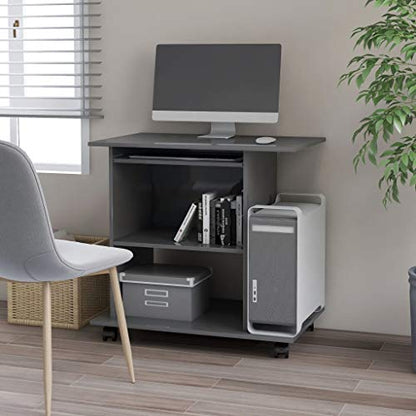 Mobile Computer Desk with Keyboard Tray, Grey Engineered Wood | Compact writing and study table fits small space home offices, featuring lockable caster wheels for easy movement. - color: Grey-a, size: Compact