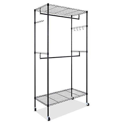 Black Double Rod Garment Rack with Wheels, Clothes Racks Storage for Hanging Clothes Heavy Duty (US STOCK)