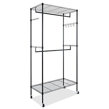 Black Double Rod Garment Rack with Wheels, Clothes Racks Storage for Hanging Clothes Heavy Duty (US STOCK)