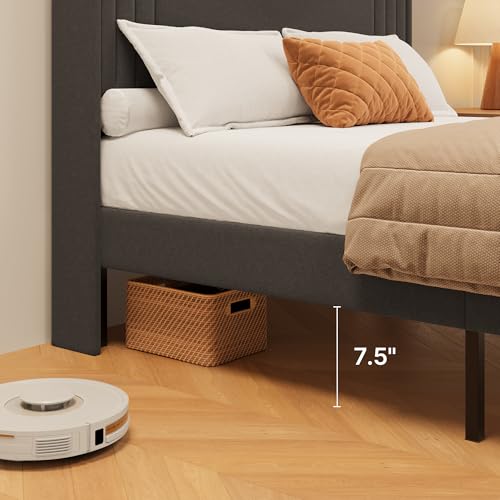 Gizoon Full Bed Frame with Charging Station and LED Lights | Upholstered Wingback Platform Bed with Padded Headboard,Wooden Slats,Noise-Free,No Box Spring Needed, Easy Assembly,Dark Grey - color: Dark Grey+led, size: Full