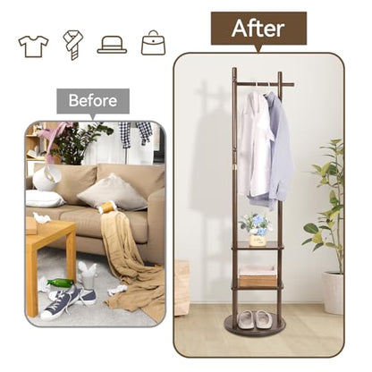 Wood Coat Rack Freestanding Rotary Coat tree with 3 Shelves and 5 Hooks | 4 Swivel Wheels Heavy Duty Clothing Rack Coat Hanger Stand for Corner Entryways Living Rooms and Bedrooms, Walnut