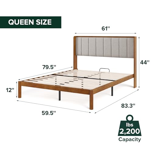 Zinus Jonas Bamboo Platform Bed Frame, Wingback Headboard, Queen | Mid-Century Modern Design, Plush Upholstered Comfort, Sustainable Bamboo, Fits Any Bedroom Style, No Box Spring Needed - size: Queen