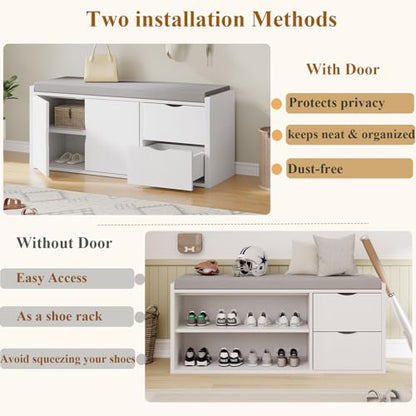 LVB Storage Entryway Bench, Long Shoe Bench with Drawers Storage Shelf | 40”Modern Entry Way Bench with Padded Cushioned Seating, Wood Shoe Rack Benchs for Foyer Entrance Living Bedroom, White Oak - color: White Oak