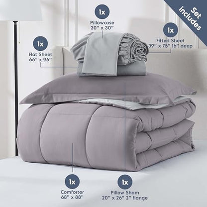 Nestl 5 Piece Twin Comforter Set – Grey Lavender Reversible Bed in a Bag – Complete Twin Size Bedding Set with Sheets, Pillowcase and Sham - color: Grey Lavender, size: Twin