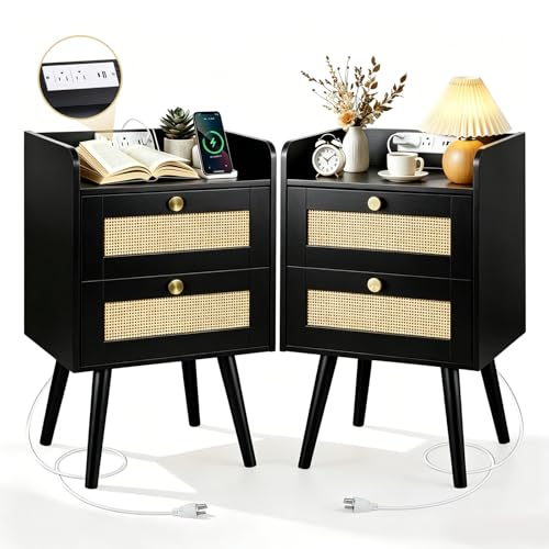 Rattan Nightstands Set of 2, Boho Bedside Table with 2 Drawers | Nightstands Set of 2 with Charging Station, Open Storage End Tables for Bedroom, Small Spaces and Dorm, Solid Wood Legs,Black - color: Black
