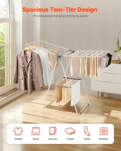 VEVOR Clothes Drying Rack, 2-Tier Foldable Laundry Dryer Rack with Sock Clips & 21 Drying Rods, Metal Height Adjustable Drying Racks for Outdoor & Indoor, Free-Standing & Space-Saving Hanger, White - size: 54.5"D x 23.6"W x 39.4"H