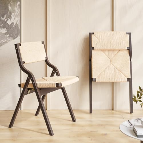 Wood Folding Chairs, Foldable Chairs Wooden Indoor Stackable Dining Chairs for Kitchen & Dining Room Chair Woven Seat & Webbing Back, Dining Chair Set of 2 - color: Light Walnut/Natural, Woven Rope